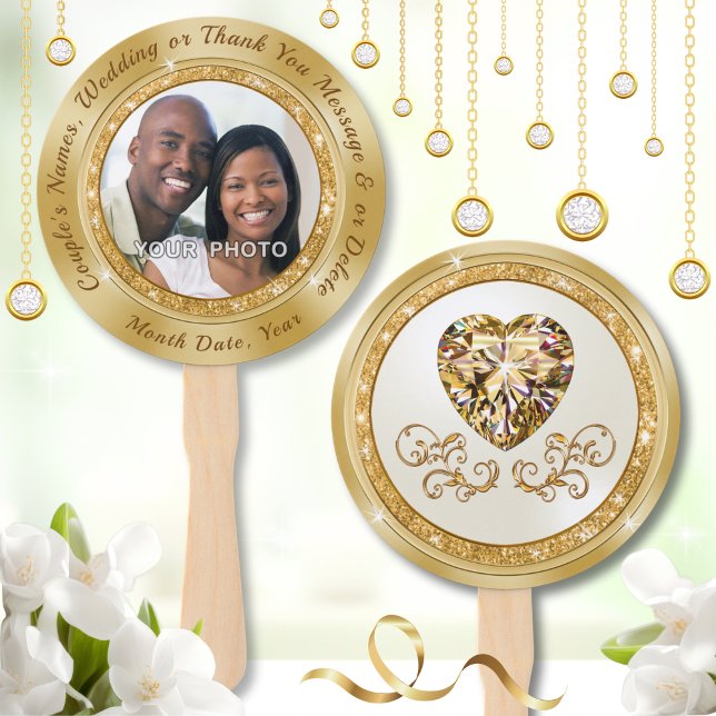 Personalisierte Lüfter für Hochzeiten mit FOTO ode Fächer (Personalised Fans for Wedding. Gold, Ivory and Champagne, Wedding Paddle Fans. Wedding Photo Favors.)