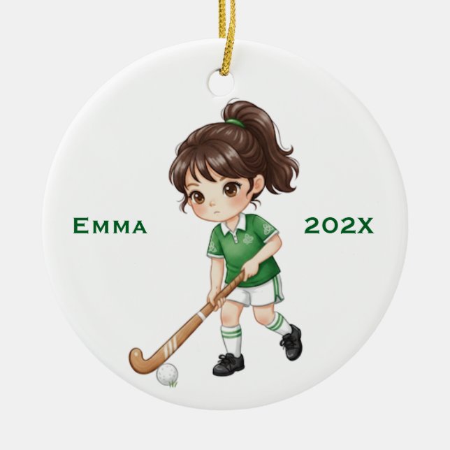 Personalisierte Mädchen (dunkle Haare) Feldhockeys Keramik Ornament (Vorne)