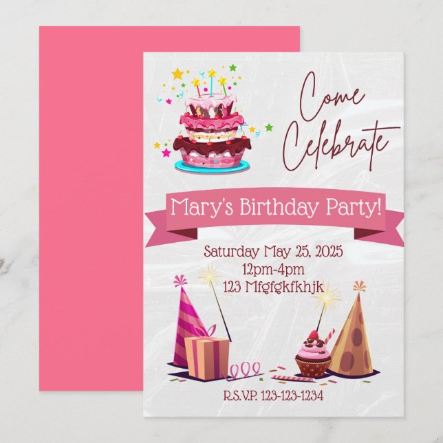 Personalisierte Mädchen Einladung zum Geburtstag (Vorne/Hinten)