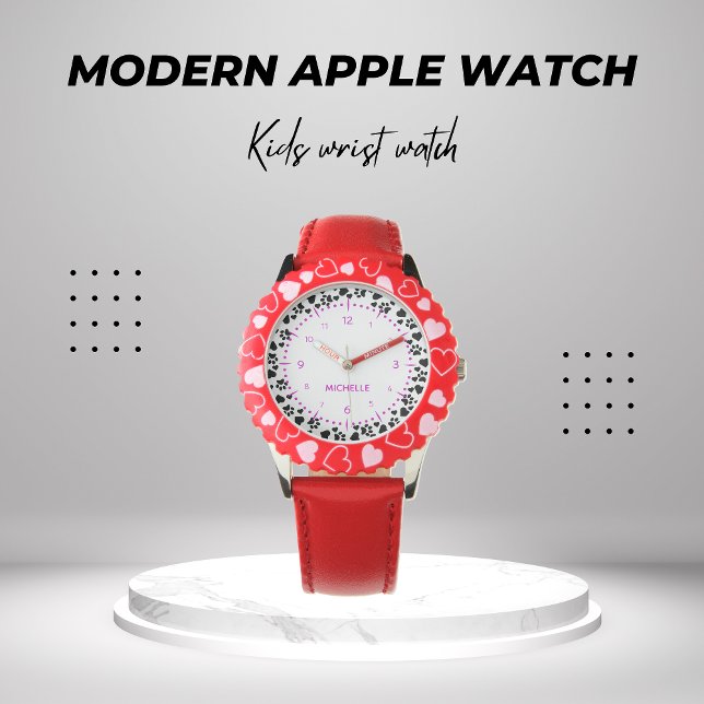 Personalisierte Mädchen Kinder Name Hund Paw Red H Armbanduhr (Von Creator hochgeladen)