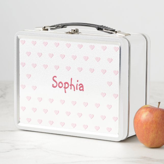 Personalisierte Mädchen Name Pink Hearts Kindersch Metall Brotdose (Beispiel)