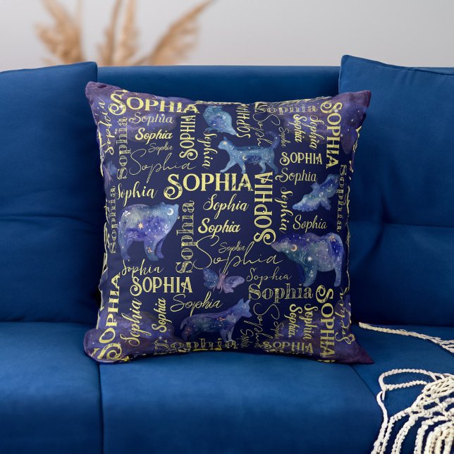 Personalisierte Mädchen nennen himmlische Tiersamm Kissen (Personalized girls name celestial animals collage throw pillow)