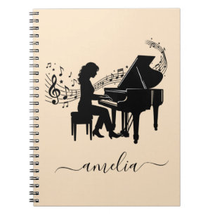 Personalisierte Mädchen-Pianistin-Silhouette Noten Notizblock