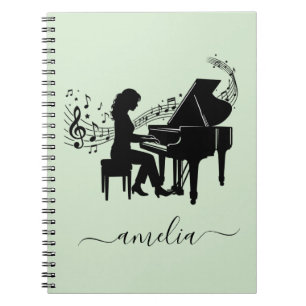 Personalisierte Mädchen-Pianistin-Silhouette Noten Notizblock