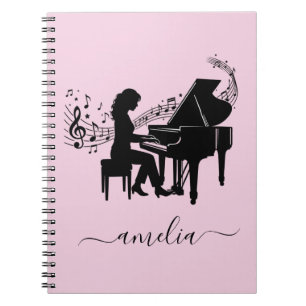Personalisierte Mädchen-Pianistin-Silhouette Noten Notizblock