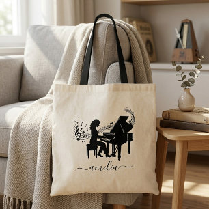 Personalisierte Mädchen-Pianistin-Silhouette Noten Tragetasche