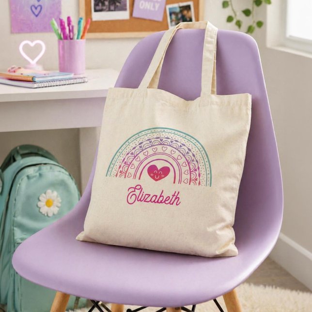 Personalisierte Mädchen Süße Whimsical Boho Regenb Tragetasche (Personalize this cute boho rainbow tote bag with a smiley face heart. Cute gift for a girl)