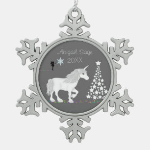 Personalisierte magische Weiße Einhorn und Fairy Schneeflocken Zinn-Ornament