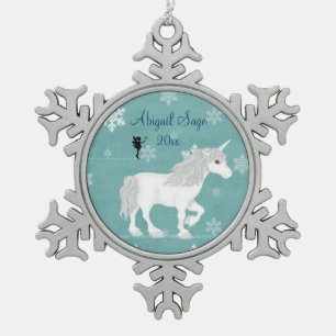 Personalisierte magische Weiße Einhorn und Fairy Schneeflocken Zinn-Ornament