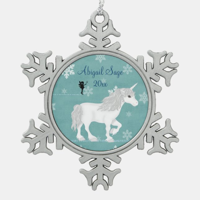 Personalisierte magische Weiße Einhorn und Fairy Schneeflocken Zinn-Ornament (Vorderseite)