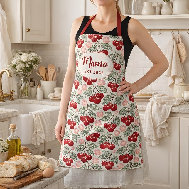 Personalisierte Mama Cherry Schürze | Benutzerdefi (Mama Apron with Vintage Cherry Pattern.  Personalized Mama EST Apron- great gift for new moms)