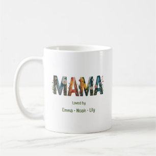 Personalisierte Mama-Kindernamen mit floraler Schr Kaffeetasse