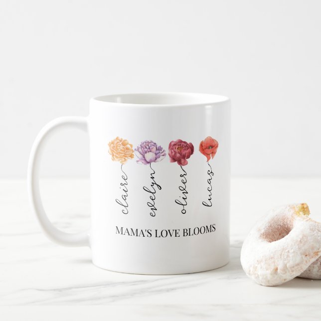 Personalisierte Mamas Liebe blüht Geburtsmonat-Blu Kaffeetasse (Mit Donut)