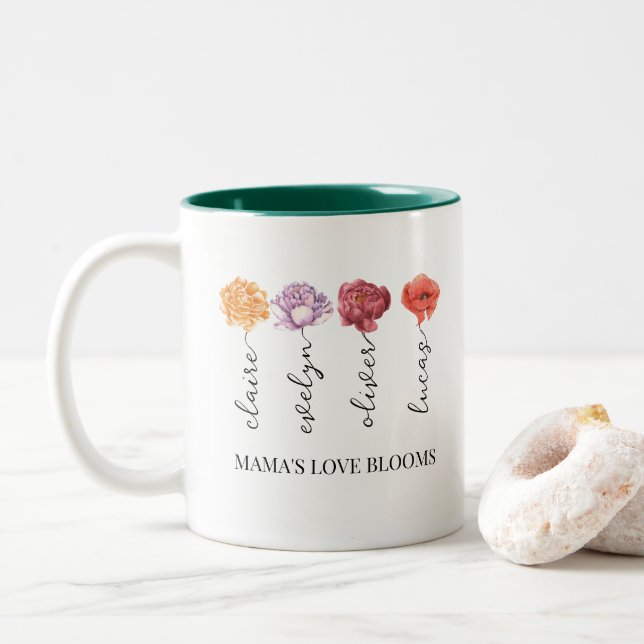 Personalisierte Mamas Liebe blüht Geburtsmonat-Blu Zweifarbige Tasse (Mit Donut)