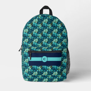 Personalisierte Marine und Aquamarine Blumen Bedruckter Rucksack