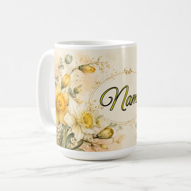 Personalisierte März-Geburtsblume Narzisse Kaffeetasse (Vorderseite Links)