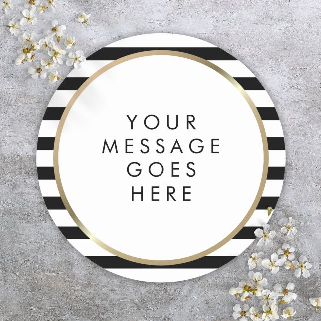Personalisierte Meldung "Schwarz und Weiß Streifen Runder Aufkleber (Black and White Stripe Gold Personalized Message Classic Round Sticker)