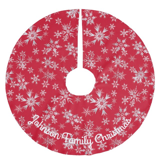Personalisierte Meldung von Red Silver Snowflakes Polyester Weihnachtsbaumdecke (Vorderseite)