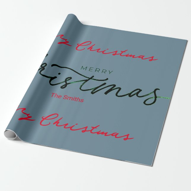 PERSONALISIERTE MERRY CHRISTMAS GIFT WRAP GRAU BLU GESCHENKPAPIER (Ungerollt)