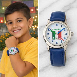 Personalisierte Mexico-Flagge Kinder Blaues Ziffer Armbanduhr