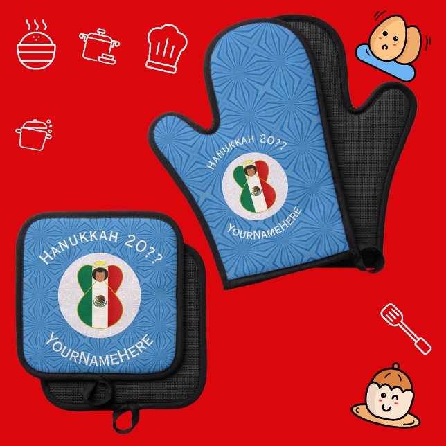 Personalisierte mexikanische Flagge Angel Hanukkah Ofenhandschuh & Topflappen-Set (Oven mitts for Hanukkah with an angel dressed in Mexican flag. White text for name, year, holiday.)