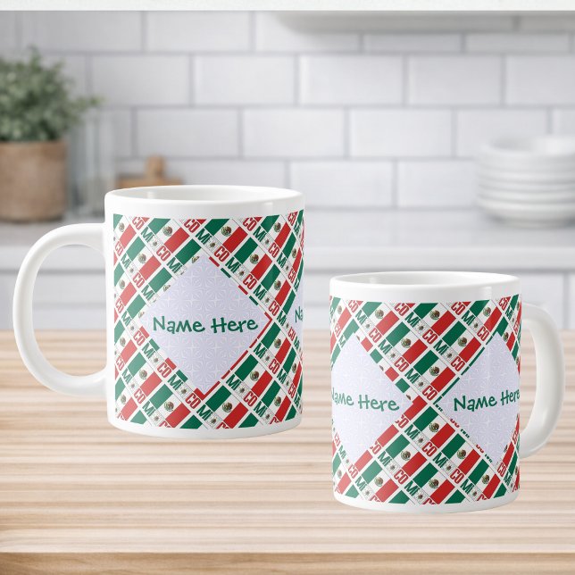 Personalisierte Mexiko-Flagge gekachelt Jumbo-Tasse (Personalized jumbo mug tiled Mexican Flag and MEXICO below. 3 squiggly squares fractals for name.)