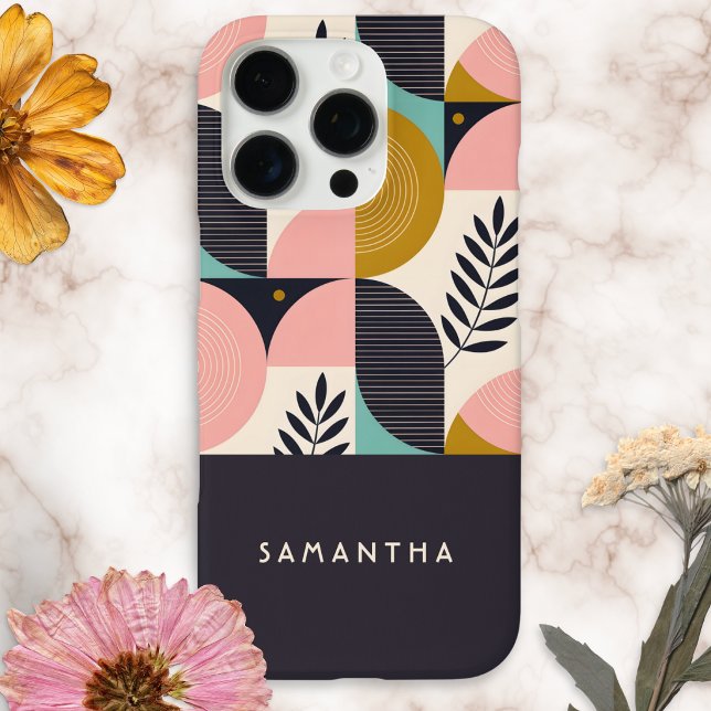 Personalisierte Mid-Century-Modern-Geometric-Boho Case-Mate iPhone Hülle (A personalized phone case with boho botanical pattern in a mid-century modern geometric style)