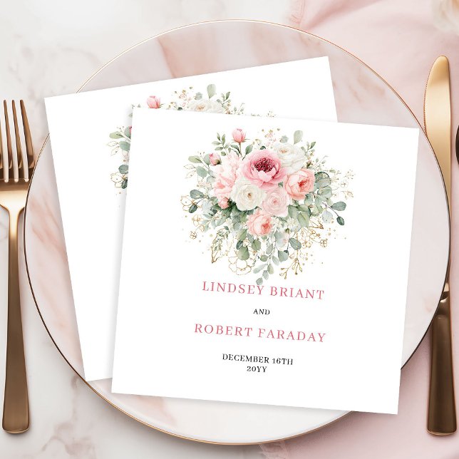 Personalisierte Minimale Blush-Rosen Hochzeitsserv Serviette (Personalized Minimal Blush Roses Wedding Napkins)