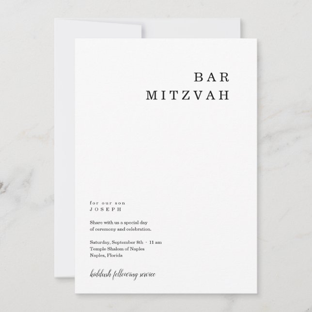 Personalisierte Minimalistische Bar Mitzvah Einlad Ankündigung (Vorderseite)