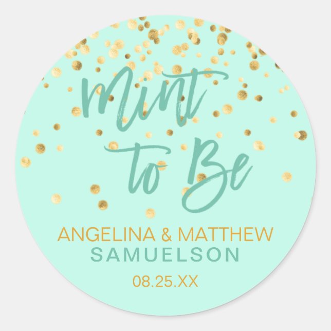 Personalisierte MINT, um Gold Confetti Wedding Runder Aufkleber (Vorderseite)