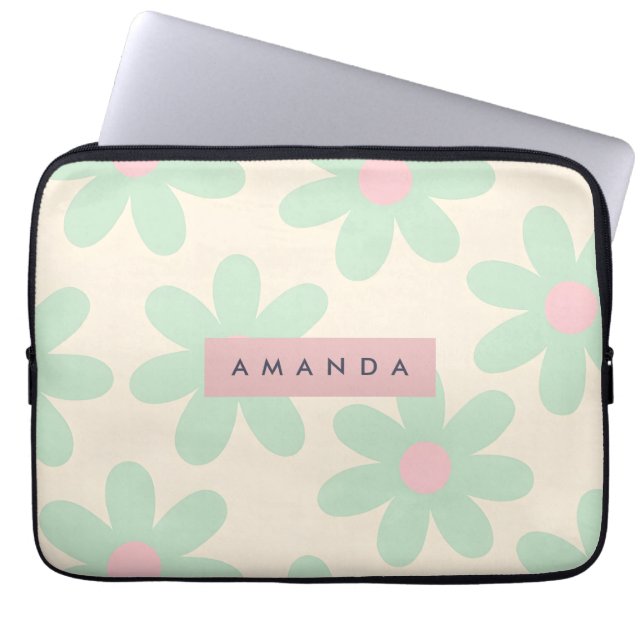 Personalisierte mintgrüne Retro-Daisy-Blumenmuster Laptopschutzhülle (Vorderseite)