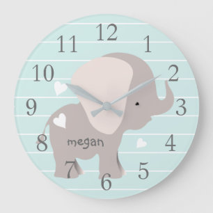 Personalisierte Minze Graue Elephant Kinderzimmer  Große Wanduhr