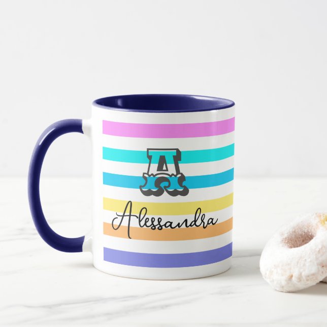 Personalisierte Mit Monogramm Girly Rainbow Coffee Tasse (Mit Donut)