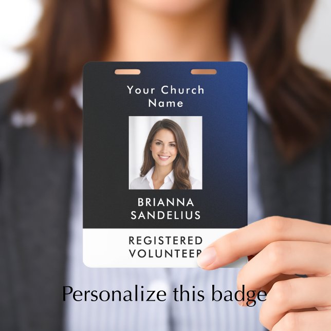 Personalisierte moderne blaue Kirchen-Freiwilligen Ausweis (Add your custom text to this modern clear script blue gradient registered volunteer photo ID badge
)