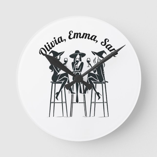 Personalisierte, moderne, elegante Hexen Weinbar Runde Wanduhr (Vorderseite)