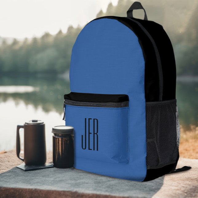 Personalisierte moderne Monogram-Initials Schwarz  Bedruckter Rucksack (Personalized Modern Monogram Initials Black Blue Printed Backpack)