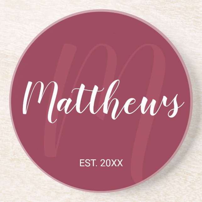 Personalisierte moderne Script-Monogramm und Famil Getränkeuntersetzer (Vorne)