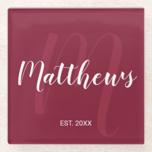 Personalisierte moderne Script-Monogramm und Famil Glasuntersetzer