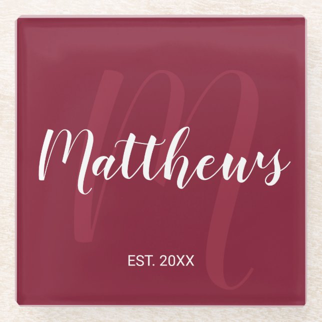 Personalisierte moderne Script-Monogramm und Famil Glasuntersetzer (Vorderseite)