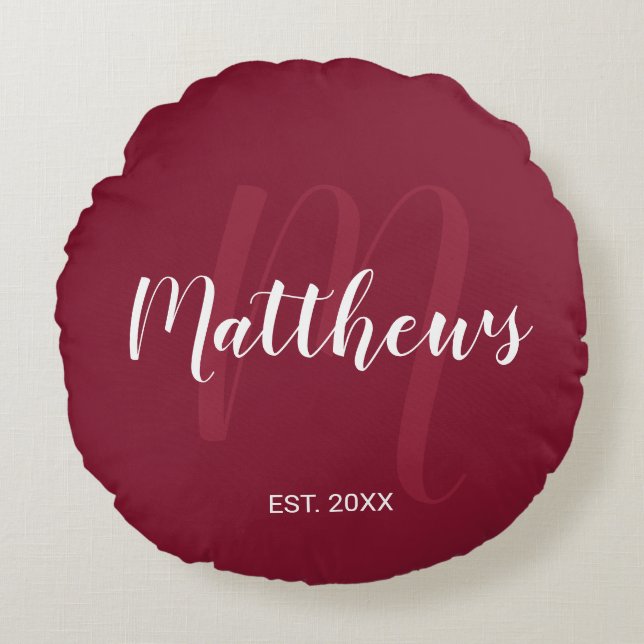 Personalisierte moderne Script-Monogramm und Famil Rundes Kissen (Vorderseite)