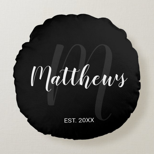 Personalisierte moderne Script-Monogramm und Famil Rundes Kissen (Vorderseite)