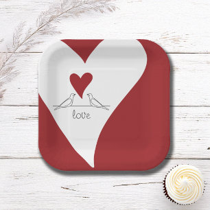 Personalisierte moderne Vögel in Liebe Rotes Herz Pappteller