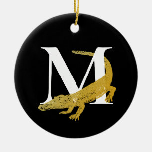 Personalisierte Monogram Alligator Art Black & Gol Keramik Ornament