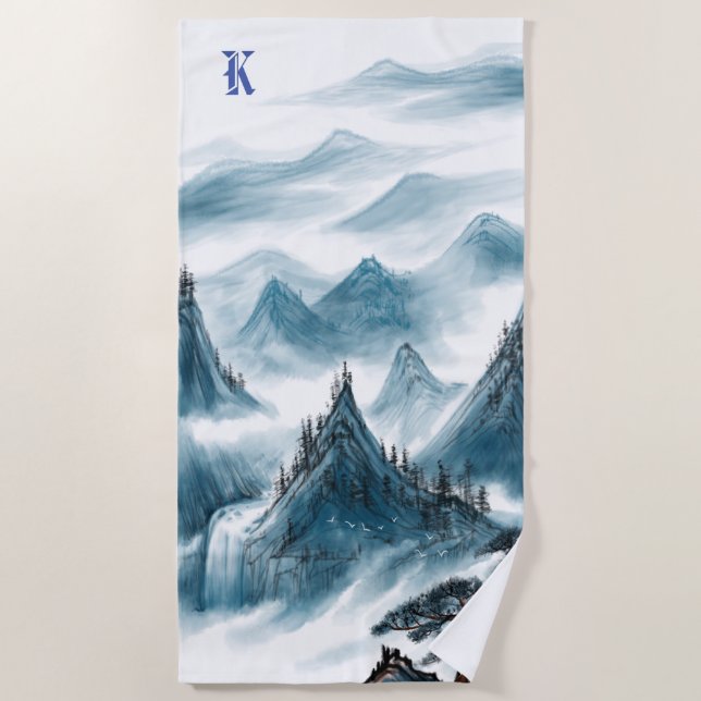 Personalisierte Monogram Blue Rolling Mouning View Strandtuch (Vorderseite)