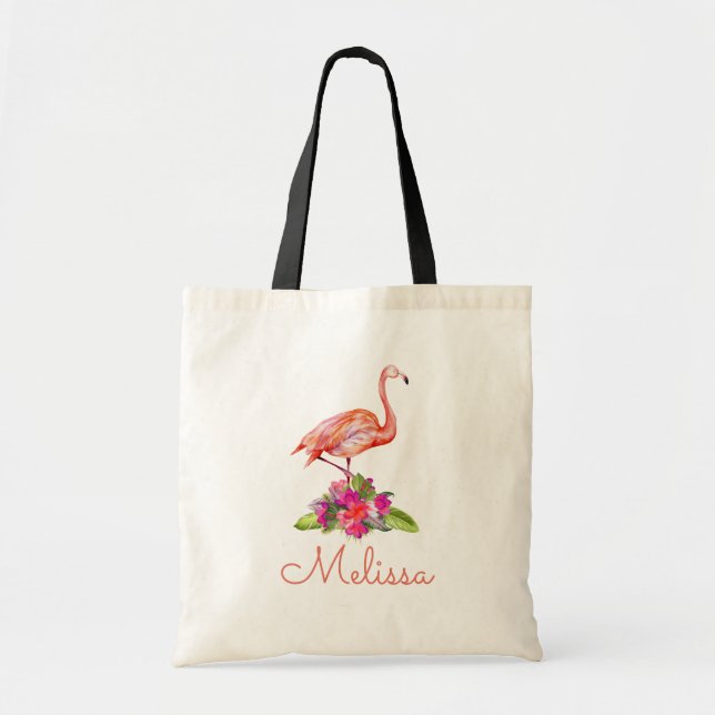 Personalisierte Monogram Flamingo Tropical Niedlic Tragetasche (Vorne)
