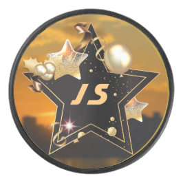 Personalisierte Monogram Gold Black Metallic Stars Eishockey Puck