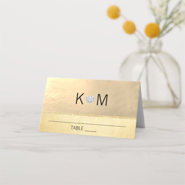 Personalisierte Monogram Gold Heart Diamond Weddin Platzkarte (Vorderseite)