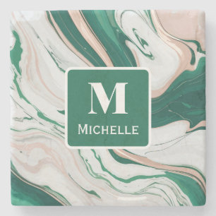 Personalisierte Monogram Green & Gold Marble Steinuntersetzer