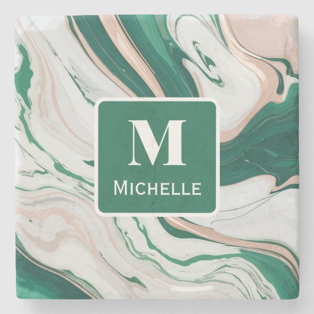 Personalisierte Monogram Green & Gold Marble Steinuntersetzer (Vorderseite)