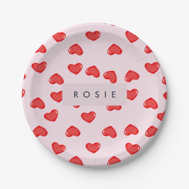 Personalisierte Monogram Heart Lolipop Valentine Pappteller (Vorderseite)